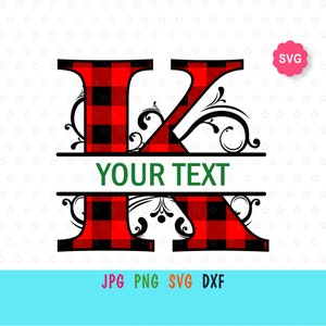 May include: Red and black buffalo plaid letter K with a decorative flourish on either side. The letter is split in half with a white banner that says "YOUR TEXT".