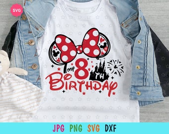 May include: White t-shirt featuring a red and white polka dot bow, the number 8, and the text "My 8th Birthday" in black. The design also includes a black silhouette of Cinderella's castle and fireworks.