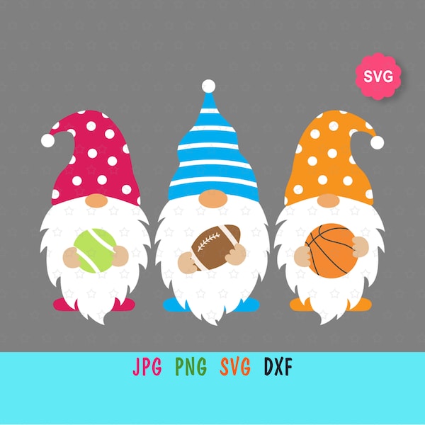 Gnomes SVG with sports balls for cricut, Sport gnomes print for t-shirt, Football gnomes SVG for toddlers nursery