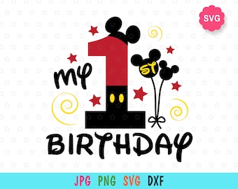 May include: A red and black number one with Mickey Mouse ears and a black base. The number one is decorated with red stars and the text "my 1st birthday" is written in black.