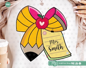 Coquette Teacher Bow Png, Teacher Name Png, Teacher gift Png, Pencil bow Png, Teach love inspire Png, Back to school Png, Teacher shirt Png