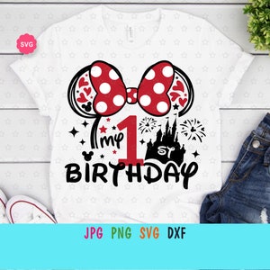 Mouse meu primeiro aniversário Svg para cricut, estampas de aniversário para camiseta, orelhas de mouse Svg, viagem de meninas Svg, aniversário de princesa Svg