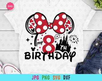 May include: White t-shirt featuring a red polka dot bow and black Mickey Mouse ears design. The number 8 is in red, with the word "Birthday" in black. A castle and fireworks graphic complete the design.