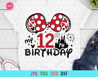 May include: White t-shirt with a red polka dot bow, the number 12, and the words "my birthday". The design includes a castle silhouette, fireworks, and Mickey Mouse icons. The shirt is decorated with red and black accents.