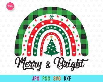 Rainbow Merry & Bright Svg for cricut, Holiday rainbow print for t-shirt, Christmas tree Svg, Christmas Rainbow Svg