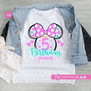 Mouse 5º aniversário princesa Svg para cricut, estampa de menina de aniversário para camiseta, mini aniversário Svg, bebê Svg