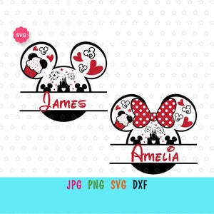 Könnte beinhalten: Zwei geteilte Mickey Mouse und Minnie Mouse Kopf-Silhouetten mit roten Herzen, Feuerwerk und einem Schloss. Die Namen "James" und "Amelia" sind in Schwarz unter den Köpfen geschrieben.
