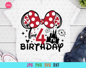 May include: A white t-shirt with a black and red design featuring Mickey Mouse ears, a bow, the number 4, the words "my 4th birthday", and a black silhouette of Cinderella's castle.