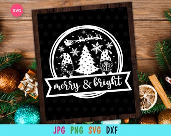 May include: A black and white Christmas design featuring two gnomes, a Christmas tree, and a banner that reads "merry & bright". The design is set against a black background with white stars.
