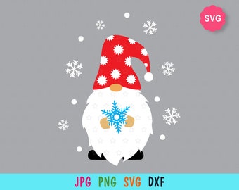 May include: A red and white gnome with a white beard and a blue snowflake in its hands. The gnome is surrounded by white snowflakes on a gray background.