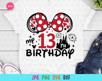 May include: A white t-shirt featuring a red and white Minnie Mouse bow, a black castle, fireworks, and the text "my 13th birthday".