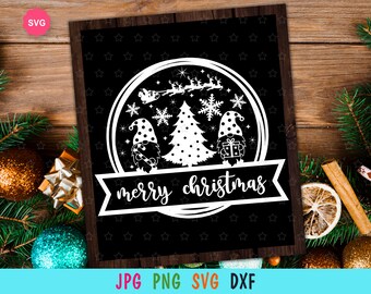 May include: Black and white Christmas design featuring two gnomes holding gifts, a Christmas tree, and a banner that reads "merry christmas". The design is set against a black background with white stars.