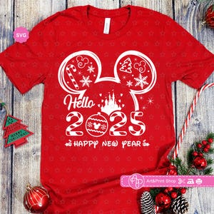 Souris Happy New Year 2025 Svg pour cricut, impression Hello 2025 pour t-shirt, oreilles de souris Svg, réveillon du nouvel an Svg, bienvenue 2025 Svg