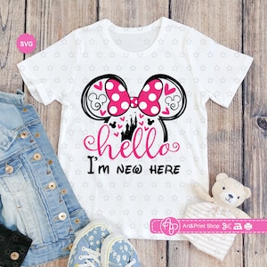 Mouse Girl Bonjour, je suis nouveau ici SVG pour cricut, Souris bonjour le monde SVG, Nouveau-né bébé SVG, Bébé fille SVG