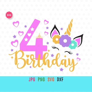 Eenhoorn 4e verjaardag Svg voor cricut, feestvarken Svg, magische eenhoorn Svg, verjaardag prinses Svg, eenhoorn meisje Svg
