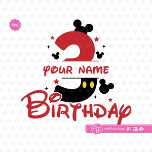 May include: A red and black birthday design with the text "Your Name Birthday". The design includes Mickey Mouse-inspired elements, such as the iconic ears and star accents. The background is white with small star patterns.