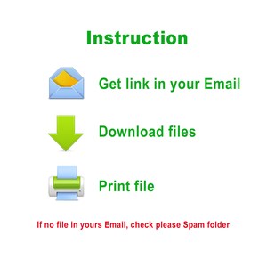 May include: A green instruction guide with three steps: Get link in your Email, Download files, and Print file. The text "If no file in yours Email, check please Spam folder" is at the bottom of the image.