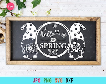 Spring gnomes Svg for cricut, Hello spring print for t-shirt, Gnomes with flowers Svg, Butterfly svg, Spring sign Svg, Flowers Svg