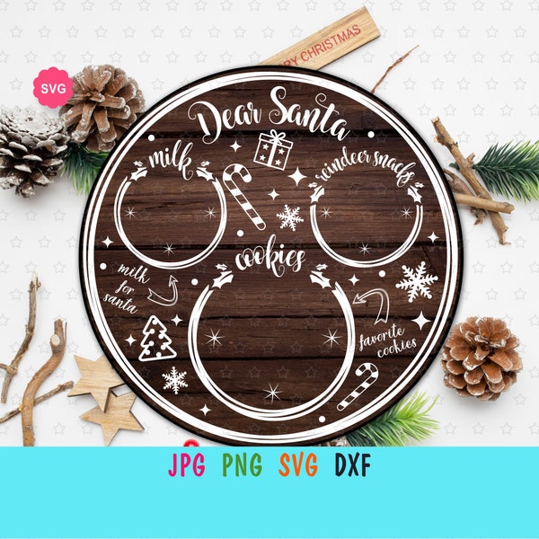 Santa Cookies and Milk Tray Svg for cricut, Santa plate print for wood round, Santa tray Svg, Christmas Svg, Santa Claus Svg