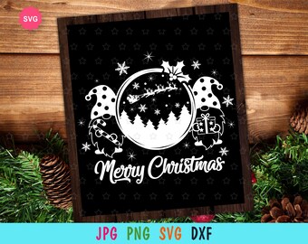 May include: Black and white digital design featuring two gnomes flanking a snow globe with Santa Claus flying in a sleigh. The text "Merry Christmas" is below the snow globe.