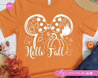 Mouse Girl Hello Fall Svg for cricut, Pumpkin print for t-shirt, Fall mama Svg, Mouse ears Svg, Autumn Svg