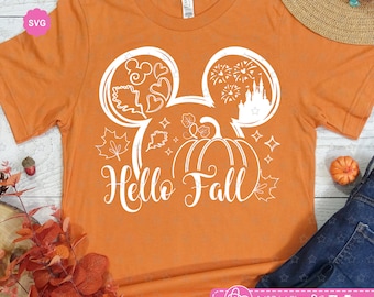 Mouse Hello Fall Svg for cricut, Pumpkin print for t-shirt, Happy harvest Svg, Mouse ears Svg, Autumn Svg