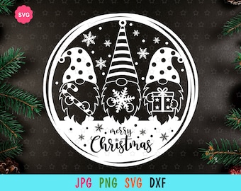 May include: A white circle with three gnomes wearing hats and holding a candy cane, a snowflake, and a gift box. The text "merry Christmas" is written in a cursive font below the gnomes.