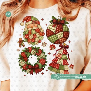 May include: A white t-shirt with a Christmas-themed design. The design features a patchwork Santa Claus, a bauble, a wreath, and a Christmas tree in red, green, and cream. Small gift boxes and stars are also included in the design. The design is festive.