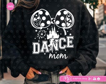 May include: Black sweatshirt with a white graphic featuring a large bow with polka dots and hearts, a castle, fireworks, and a dancer. The text reads "DANCE mom".