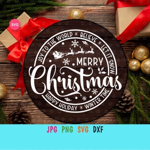 Vrolijk kersthout Teken Svg voor cricut, Vreugde aan de wereld Svg, Kerstdecor Svg, Geloof Svg, Santa slee Svg, Laat het sneeuwen Svg