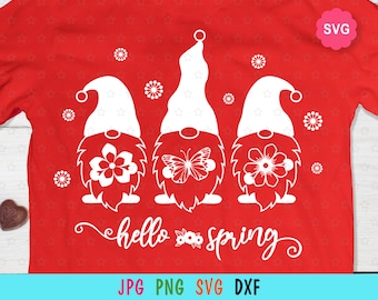 Spring gnomes SVG for cricut, Hello spring print for t-shirt, Gnomes with flowers SVG, Butterfly svg