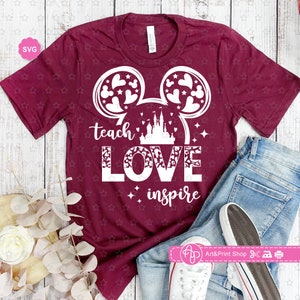 Mouse Teach Love Inspire Leopard Svg voor cricut, leraar Svg, muisoren Svg, terug naar school Svg, leraar shirt Svg, beste leraar ooit Svg