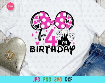 May include: A white t-shirt featuring a pink Minnie Mouse ears design with a pink number 4. The text "My 4th Birthday" is written below the number. The design also includes a black silhouette of Cinderella's castle and fireworks.