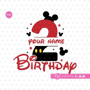 May include: Red and black number two with Mickey Mouse ears and a yellow face. The number two is decorated with stars and the text "YOUR NAME" is written below the number. The text "2nd BIRTHDAY" is written in red below the number.