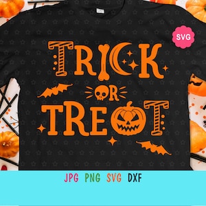 Trick or Treat Svg voor cricut, Happy Halloween print voor t-shirt, pompoen Svg, Halloween shirt Svg