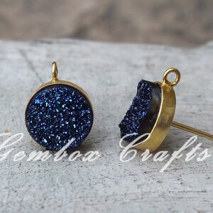 Blue Coated Druzy Round 925 Sterling Silver Gold Plated Smooth Finish Stud Earring With Loop