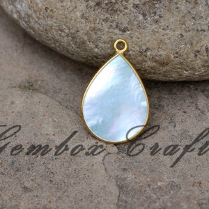 Natural Mother of Pearl Pear Flat Smooth 925 Sterling Silver Gold Plated Bezel Pendant