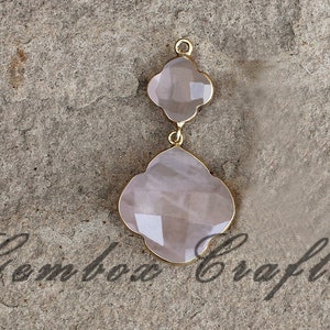 Natural Rose Quartz 10mm & 18mm Clover Briolette Two Stone 925 Sterling Silver Gold Plated Bezel Pendant