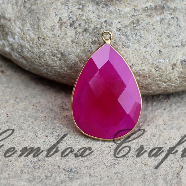 Fuchsia Pink Chalcedony Pear Briolette 925 Sterling Silver Gold Plated Bezel Pendant