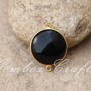 Natural Black Onyx Round Cabochon 925 Sterling Silver Gold Plated Bezel Connector