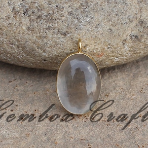 Clear Crystal Hydro Quartz Oval Cabochon 925 Sterling Silver Gold Plated Collet Bezel Pendant, Transparent White Quartz Oval Cabs Love Charm