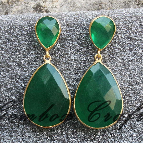 Green Onyx 9x12mm & 18x25mm Pear Briolette 925 Sterling Silver Gold Plated Dangle Earrings