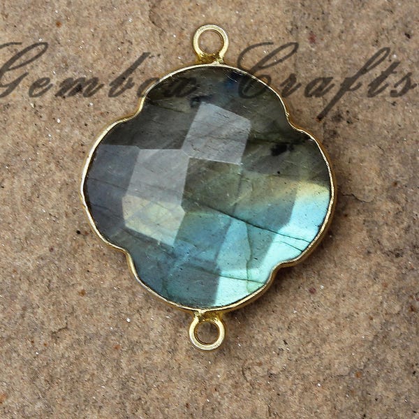 Natural Labradorite Clover Briolette 925 Sterling Silver Gold Plated Bezel Connector