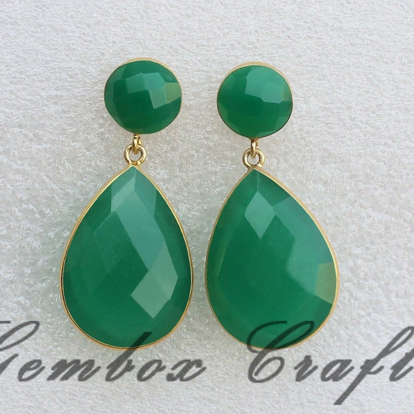 Green Onyx Earrings, Round & Pear Briolette Cutstone 22KT Vermiel Post Earrings, Handmade 925 Silver Earring Pair, Natural Onyx Stud Earring