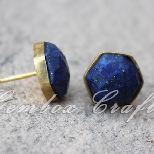 Natural Lapis Lazuli Hexagon Checker Cut 925 Sterling Silver Gold Plated Smooth Finish Studs Earring