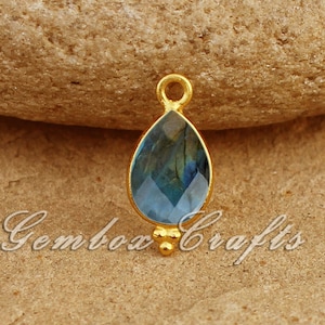 Natural Labradorite Pear Briolette 925 Sterling Silver Tri-Dots Bezel Charm Pendant-Multi Flash Stone Tri-Balls BothSide Same Jewelry Supply