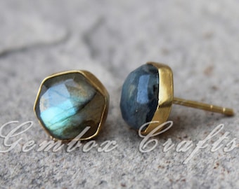 Natural Labradorite Hexagon Checker Cut 925 Sterling Silver Gold Plated Smooth Finish Studs Earring