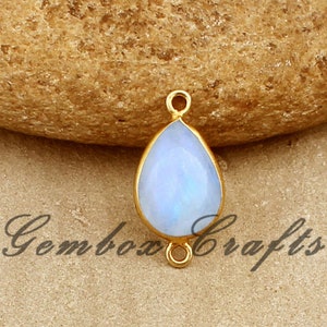 Natural Rainbow Moonstone Pear Cabochon 925 Sterling Silver Gold Plated Bezel Connector
