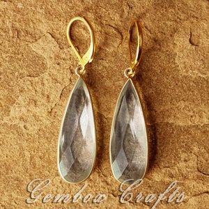 Crystal Quartz Pear Briolette 925 Sterling Silver Gold Plated Leverback Earrings.