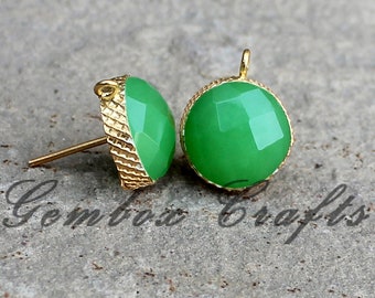 Chrysoprase Quartz Round Checker Cut 925 Sterling Silver Gold Plated Textured Finish Stud Earrings With Loop